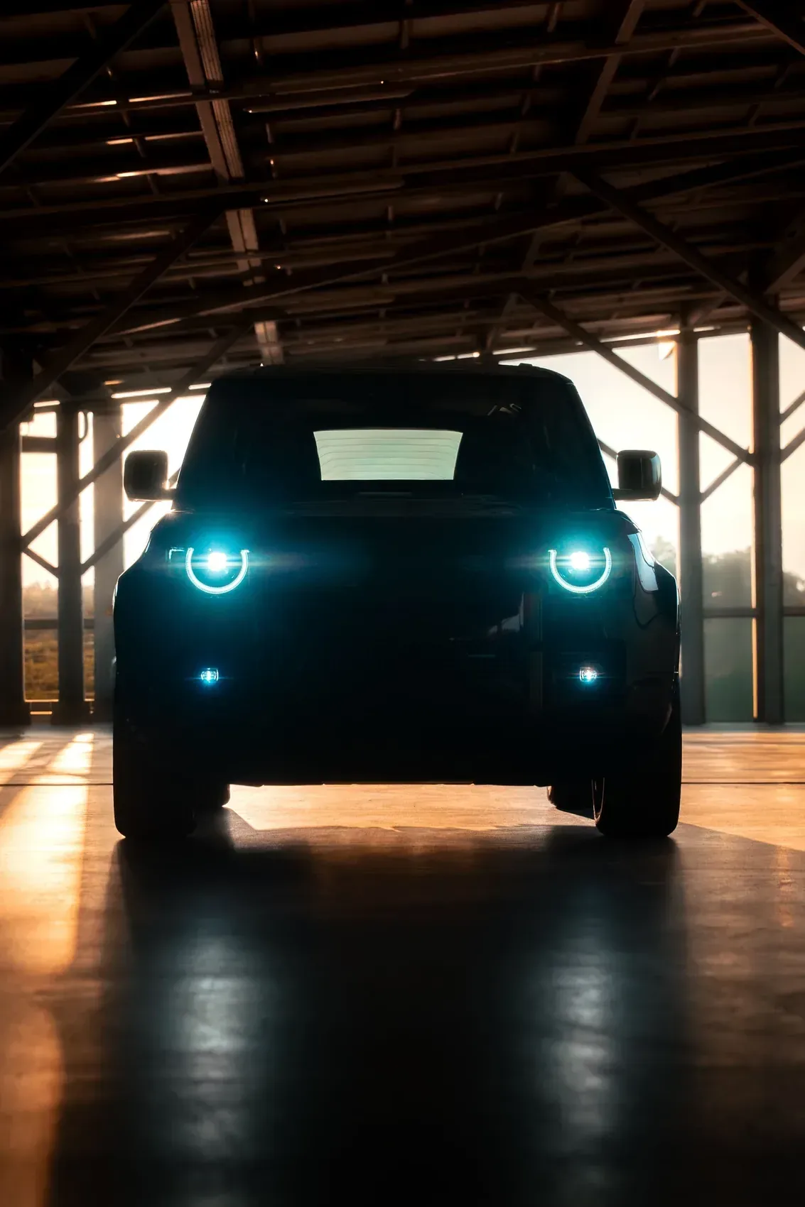 Front view, LED headlights against the light
